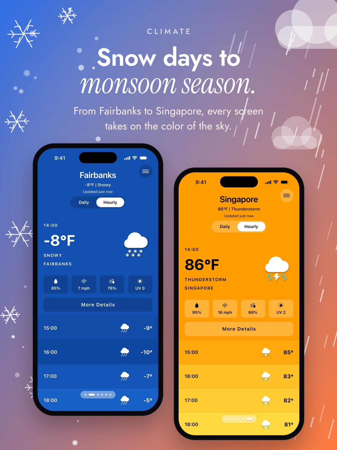 Climate App Store artwork pairing snowy Fairbanks with monsoon weather in Singapore